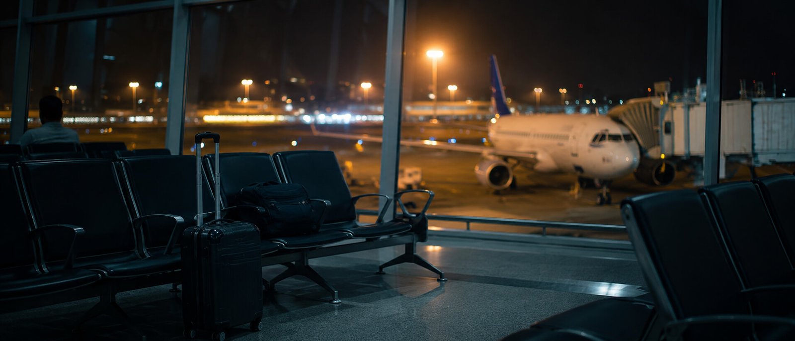 An almost empty airport departure gate at night, a cabin bag beside one chair