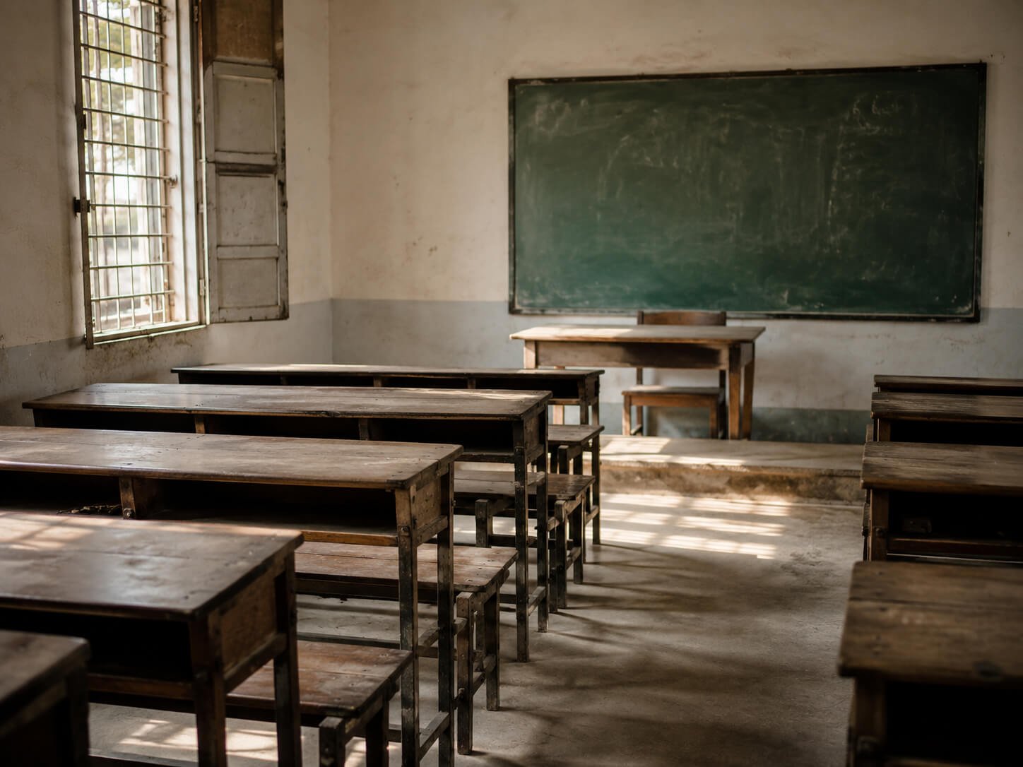 An empty Hindi-medium government school classroom with wooden bench-desks and a chalk-marked blackboard
