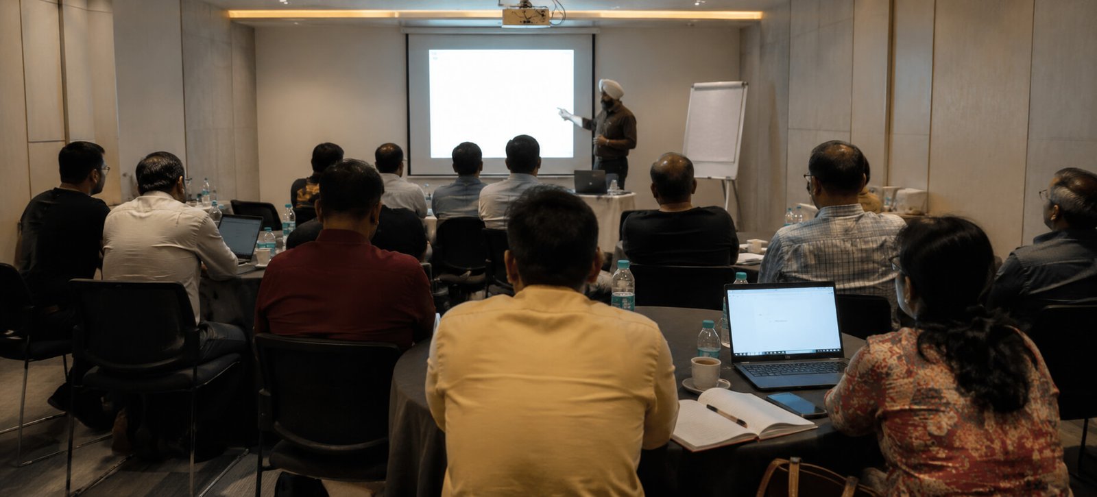A small workshop room seen from the back, a dozen founders seated facing the front with notebooks open