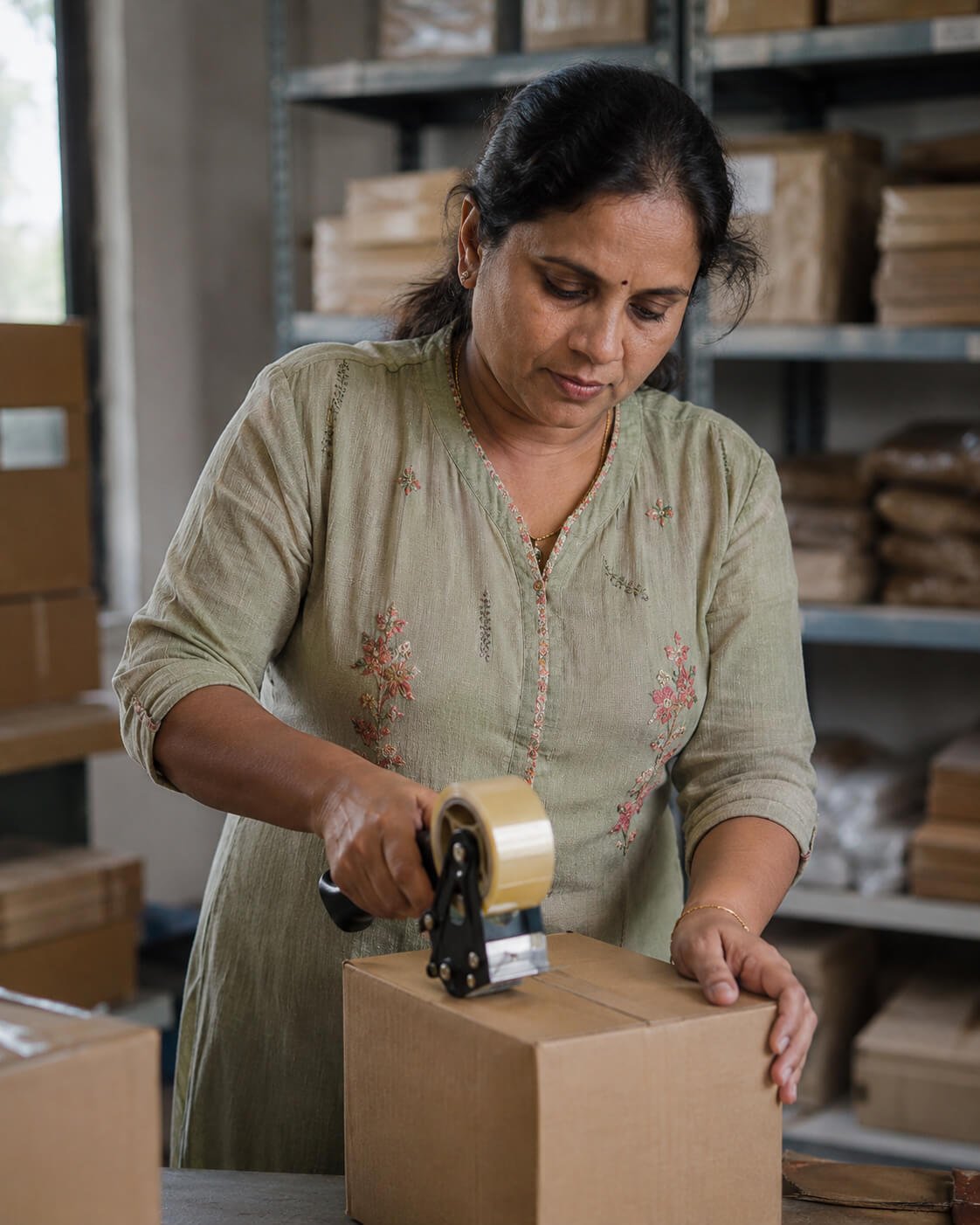A founder packing product cartons in her own small warehouse