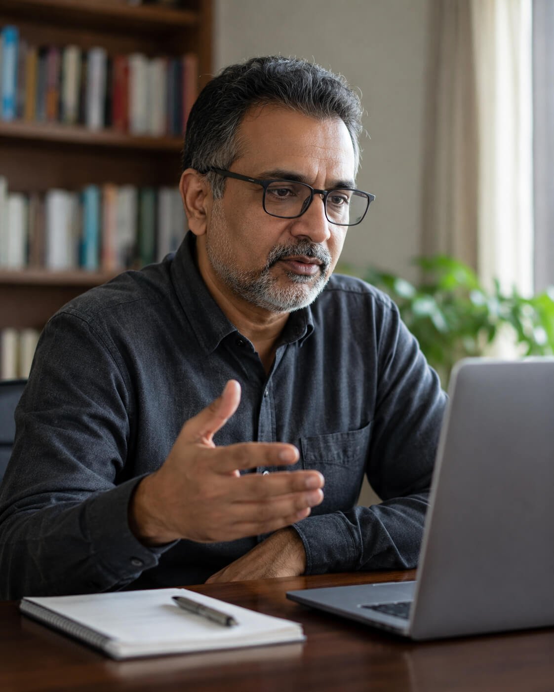 A consultant on a client call from his home office