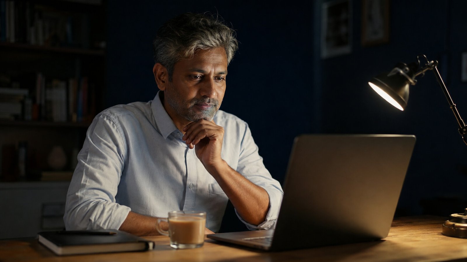 A second-innings founder at his desk late in the evening, laptop open, notebook still closed
