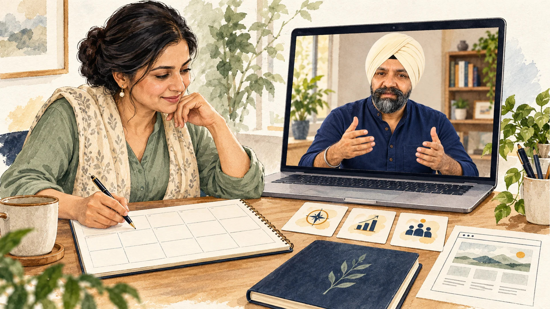 Illustration of Vinay guiding a remote build session beside a founder's payment planner