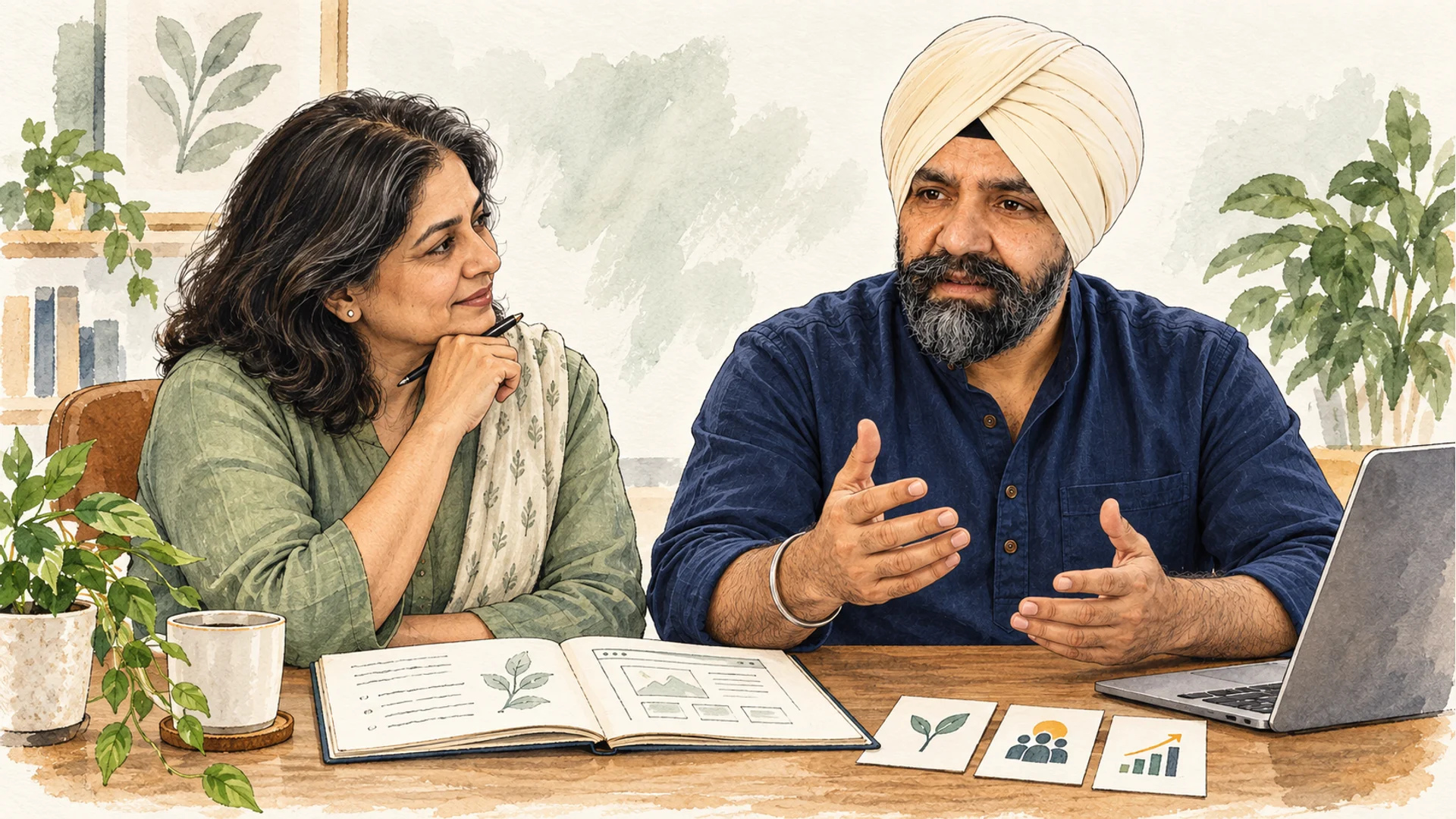 Illustration of Vinay guiding a founder during a private business build session