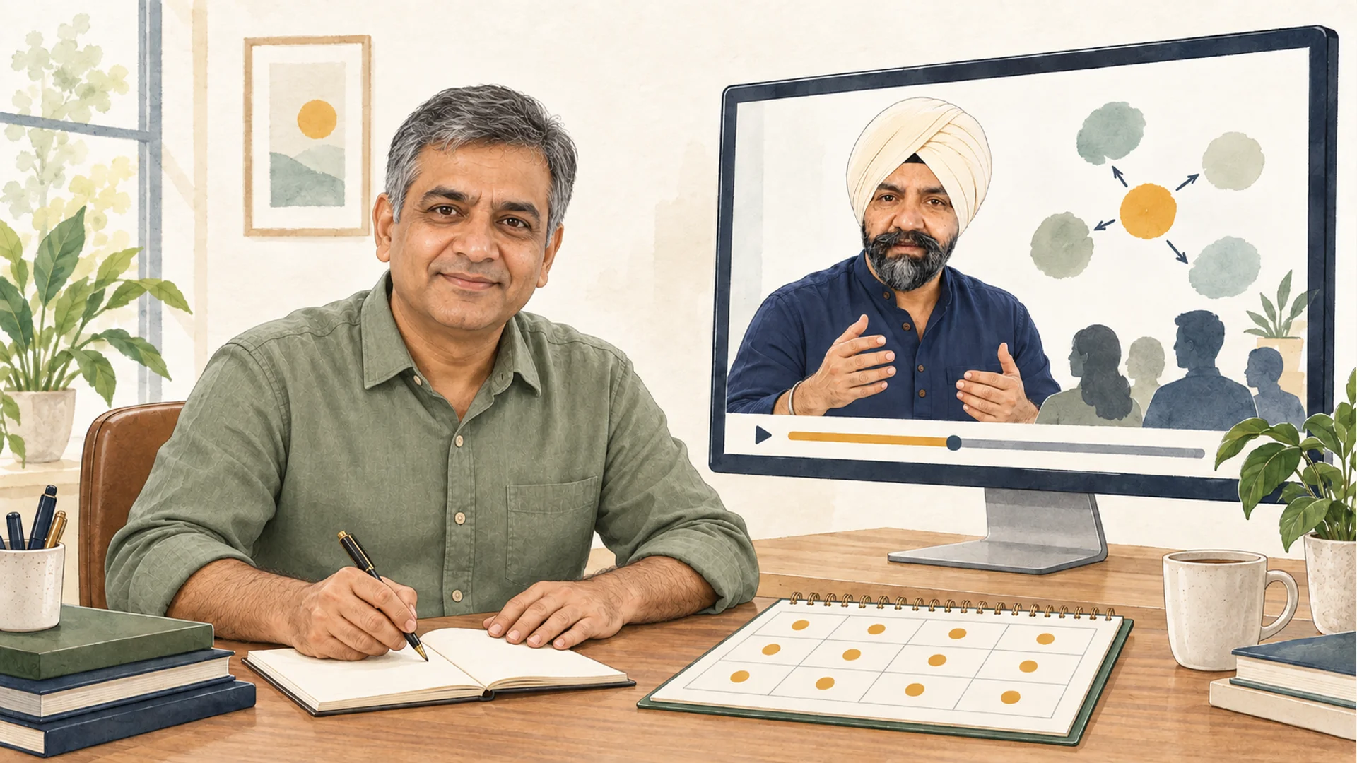 Illustration of a founder following Vinay's programme lesson beside a payment planner