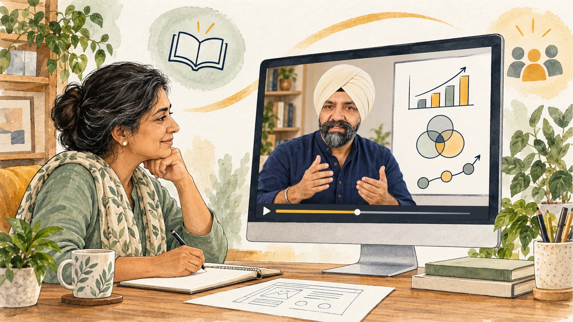 Illustration of a founder learning from Vinay's programme lesson