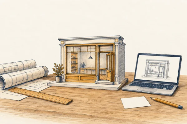 A carefully built empty storefront, surrounded by plans, with no customers in sight.
