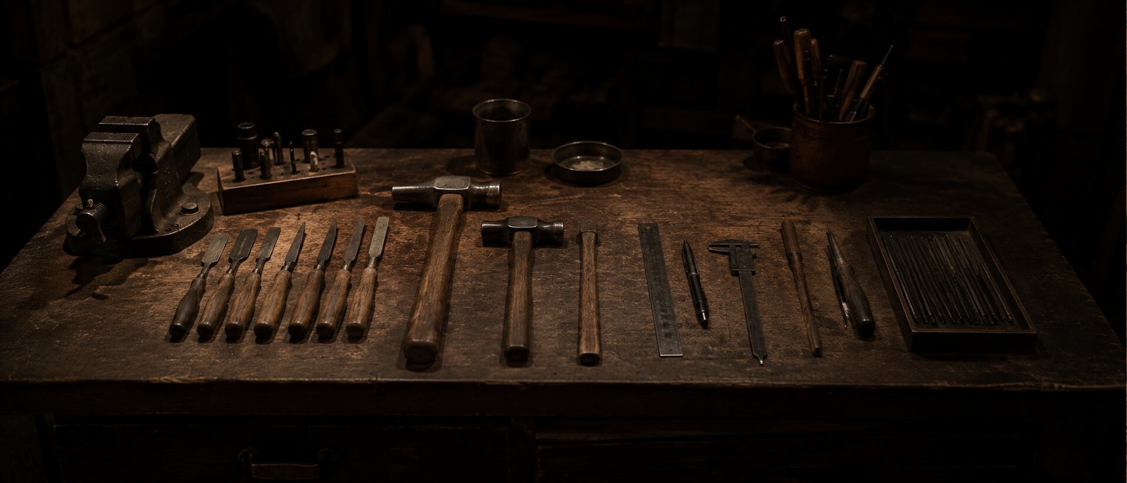 A craftsman's workbench in a dim workshop, worn hand tools laid out in deliberate order under one warm light