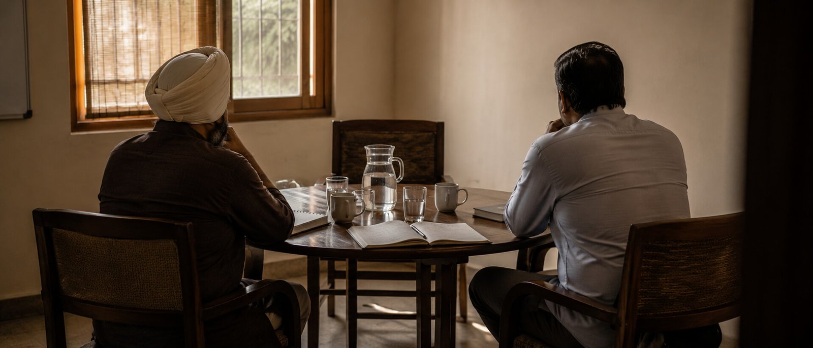 Four chairs around a small table with notebooks and cups, two people seen only from behind