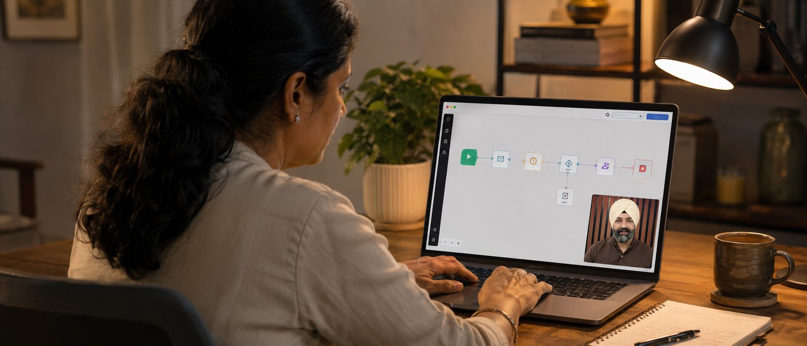 A founder building a working automation live on a laptop during the bootcamp