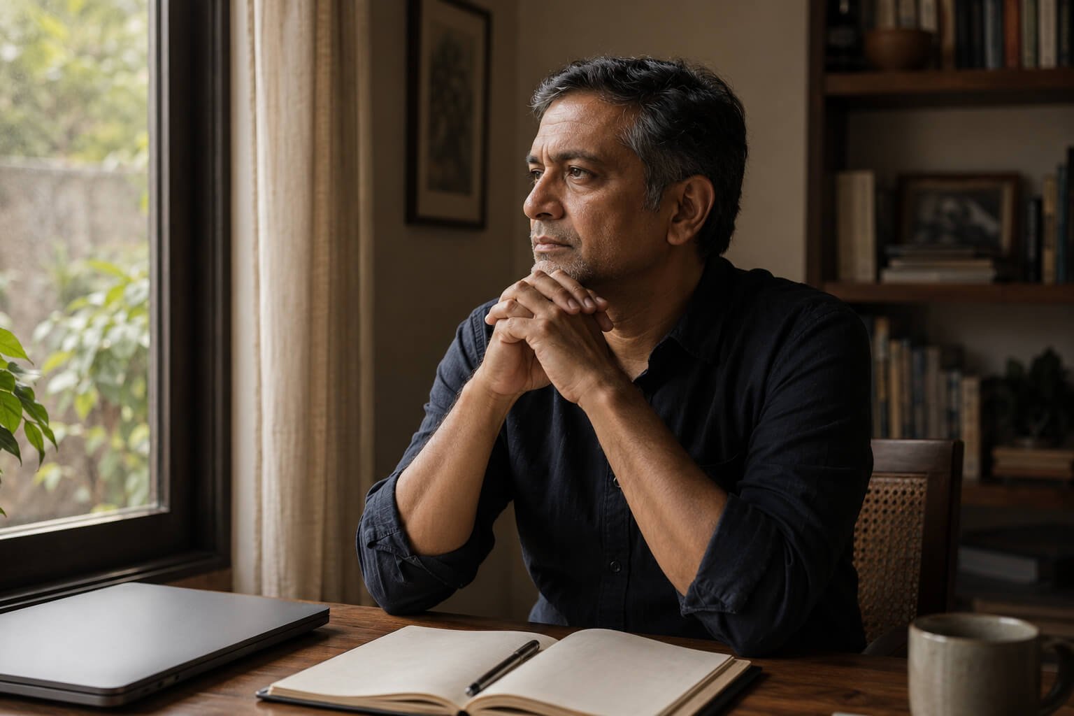 A second-innings founder at a home desk, laptop closed, notebook open