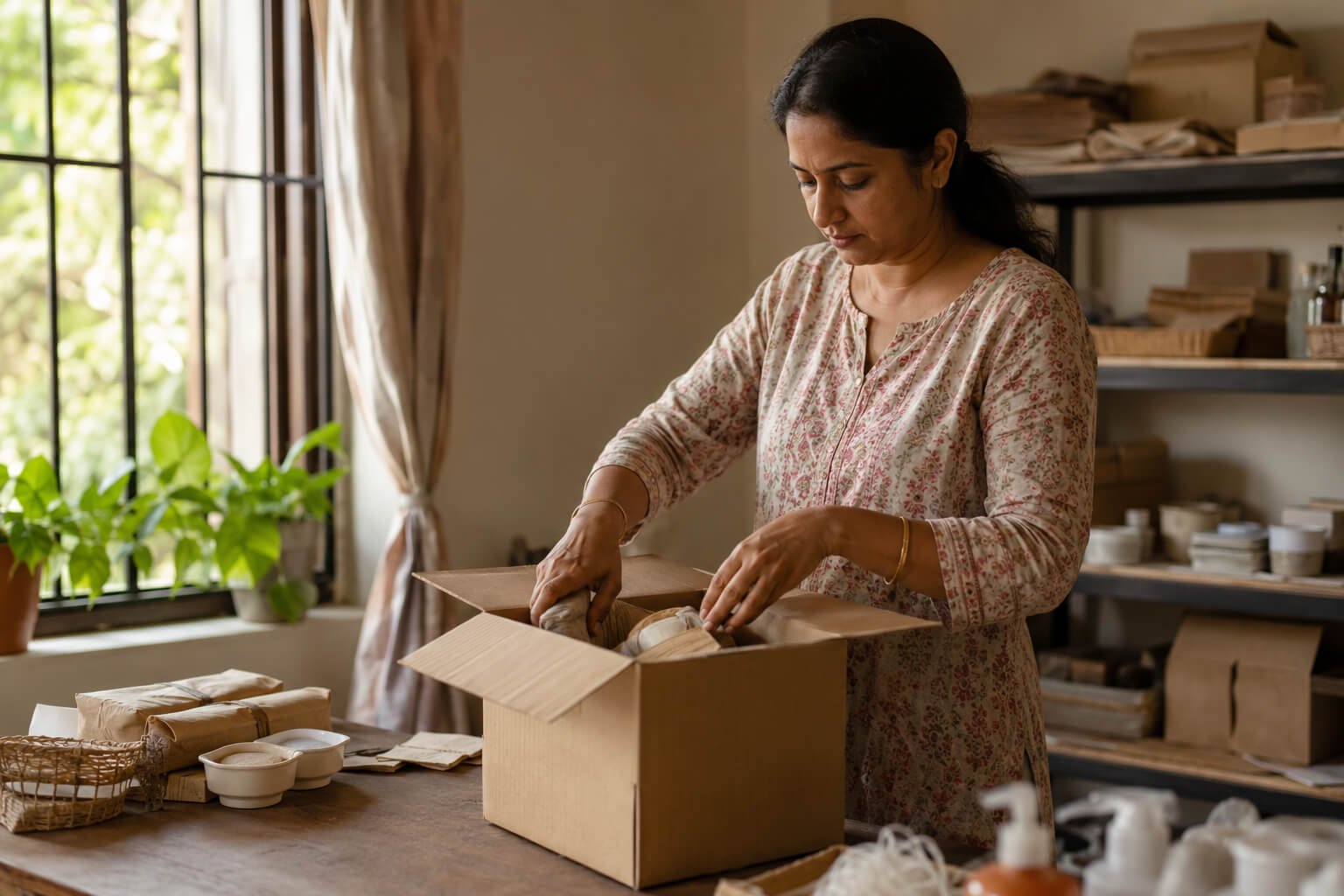 A founder packing product samples in a small home workspace
