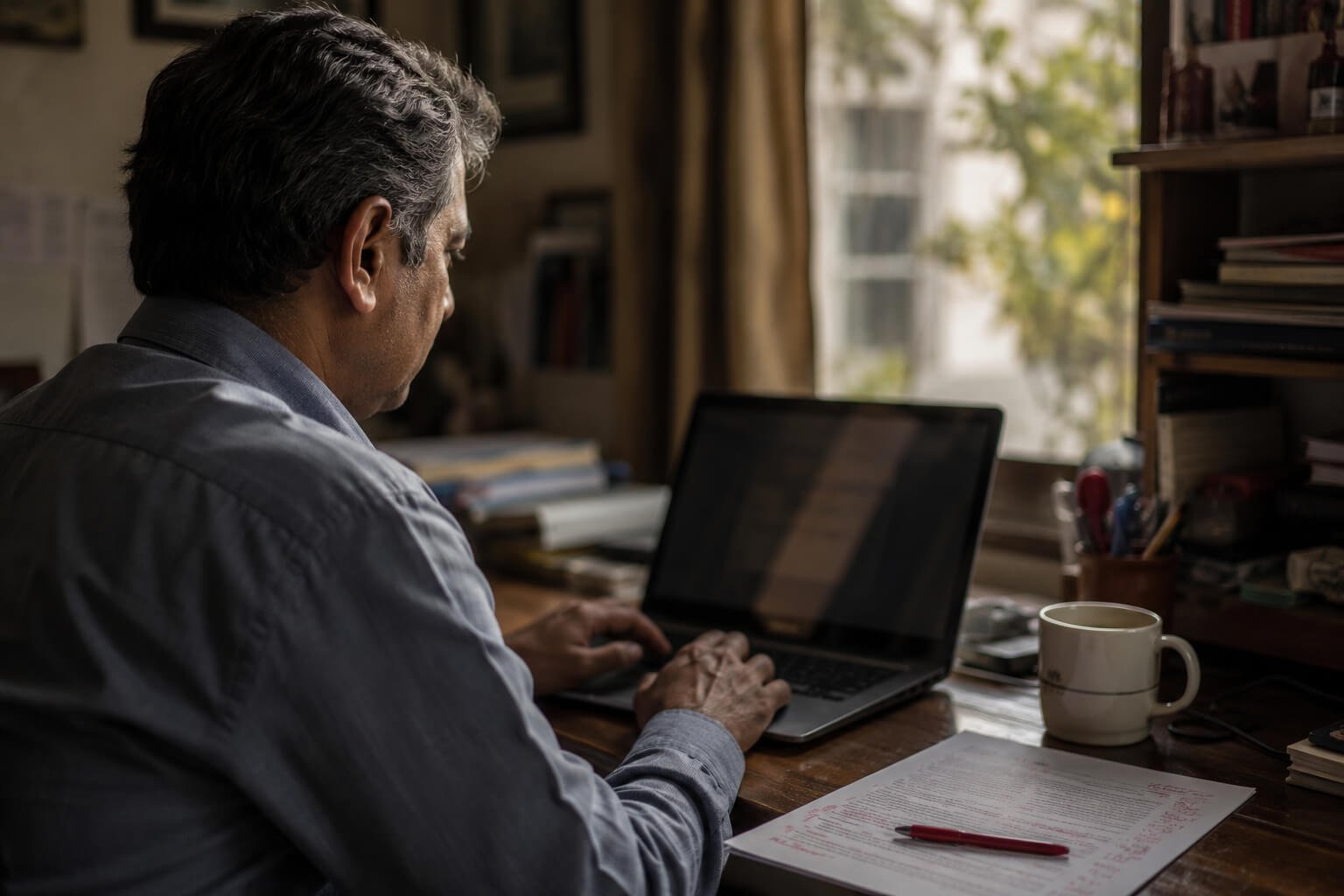 Over the shoulder of a founder at a laptop, a printed page marked up in pen beside it