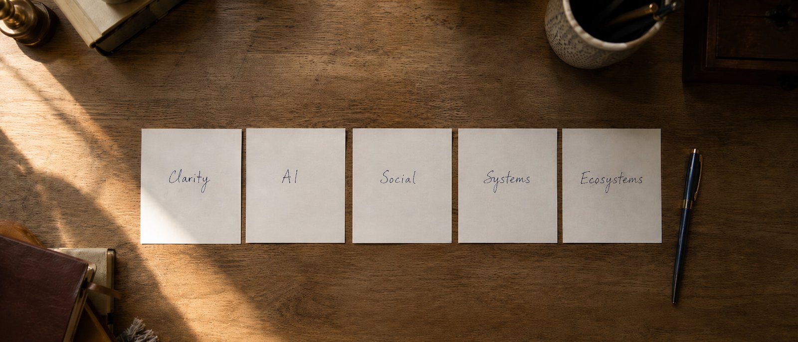 Five plain index cards laid in a row on a wooden desk, each with a single handwritten word