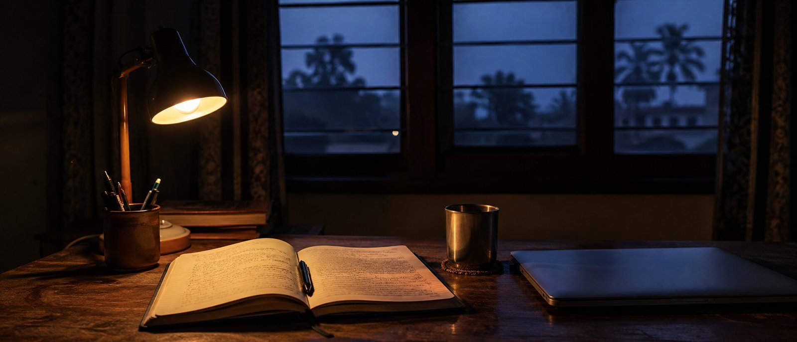 A pre-dawn desk with an open notebook, a cooling cup of tea, and a closed laptop pushed aside