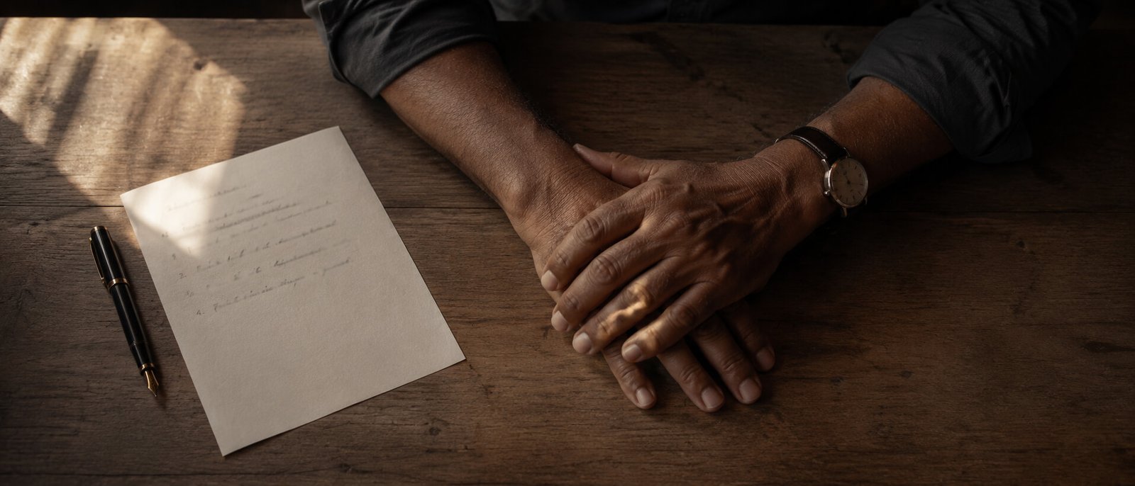 Hands at rest on a plain wooden table beside a pen and a single sheet with a short handwritten list