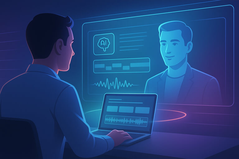 day-2-ai-video-mastery-bootcamp studio setup with monitor showing a talking AI avatar, while the real creator stands in soft blur in the foreground, symbolizing clone doing the talking